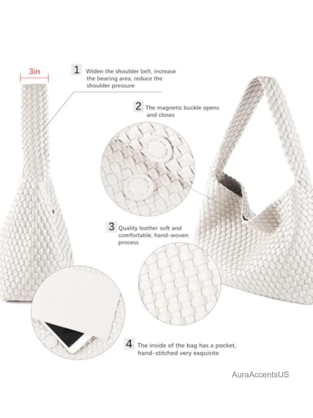 Woven Vegan Leather Hobo Tote Bag with Pouch Lightweight